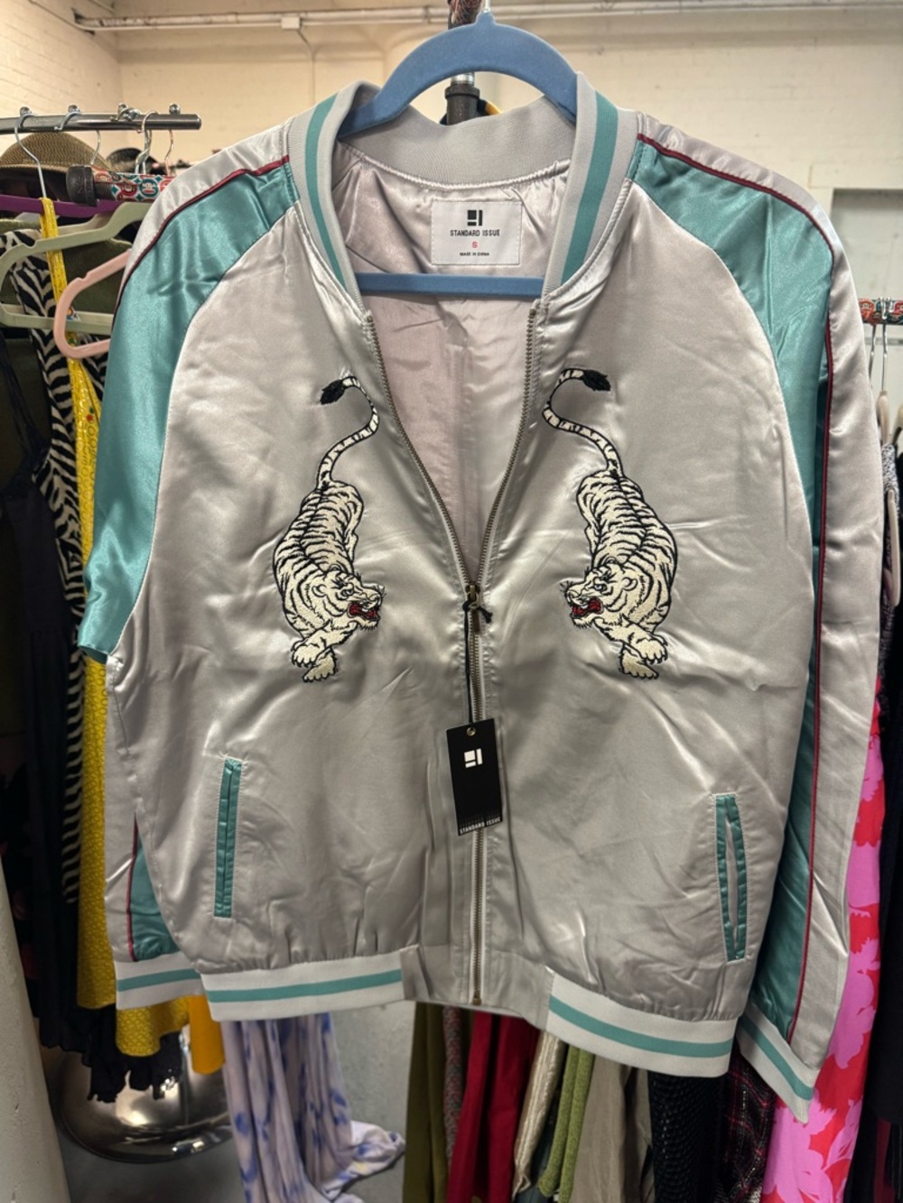 Standard Issue Embroidered Satin Tiger Sukajan Jacket in a Light Gray & Aqua